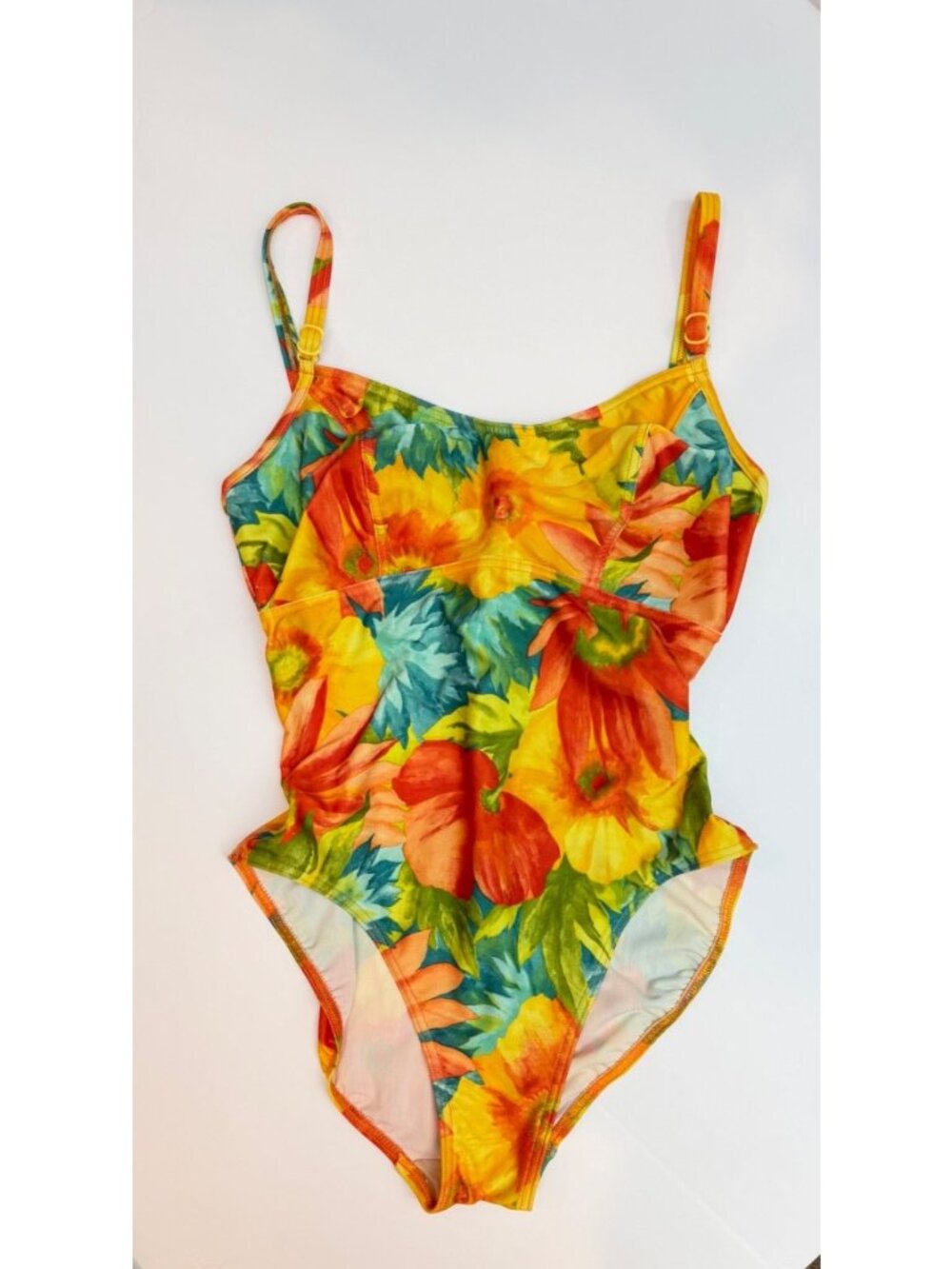 KRISTA Vtg Orange Floral One Piece Swimsuit Bathing Suit Size 14D Wired Push Up